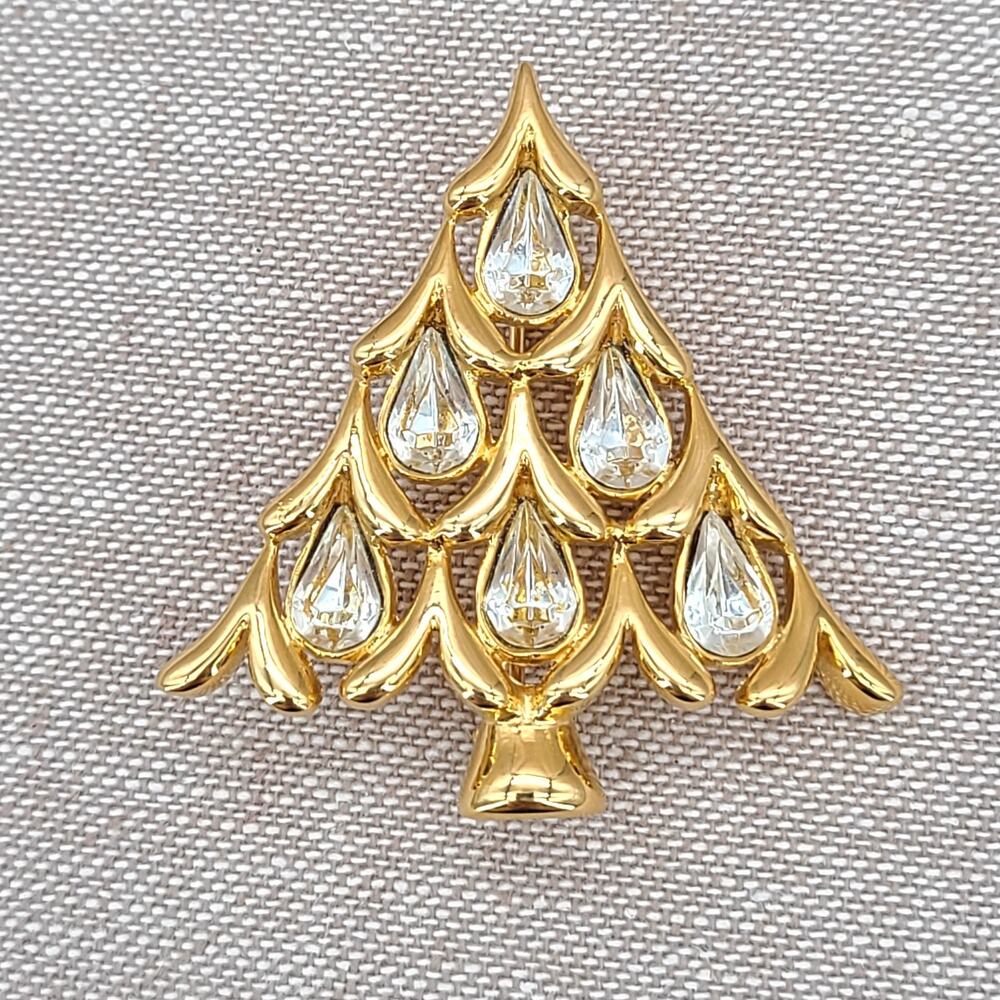 Napier‎ Teardrop Clear Rhinestone Gold Plated Christmas Tree Brooch Vintage Pin